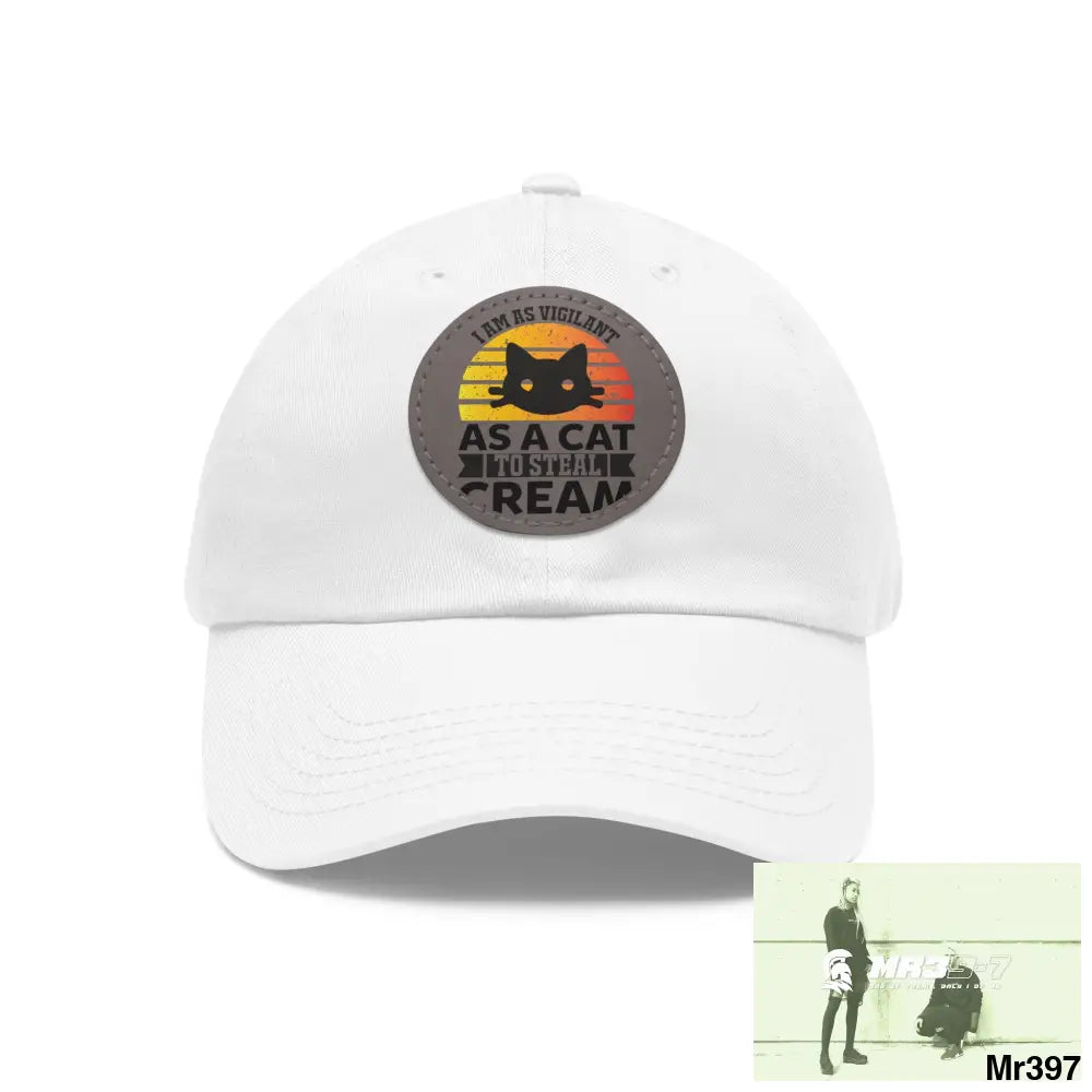Cat got the cream Dad Hat with Leather Patch (Round) White / Grey patch / Circle / One size Hats