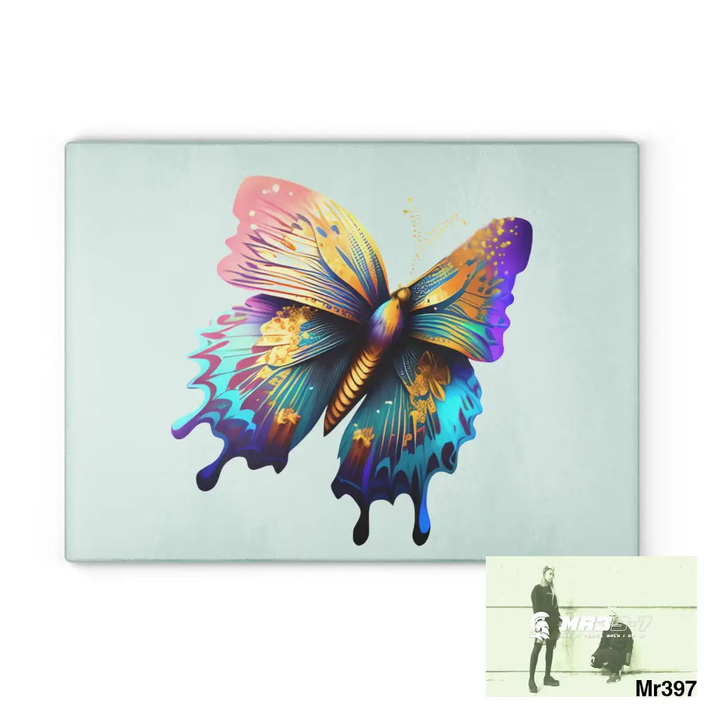 Colourful Butterfly with gold glitter Glass Cutting Board 11’’ x 15’’ / Rectangle Home Decor