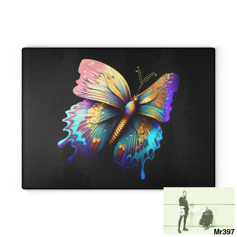 Colourful Butterfly with gold glitter Glass Cutting Board 11’’ x 15’’ / Rectangle Home Decor