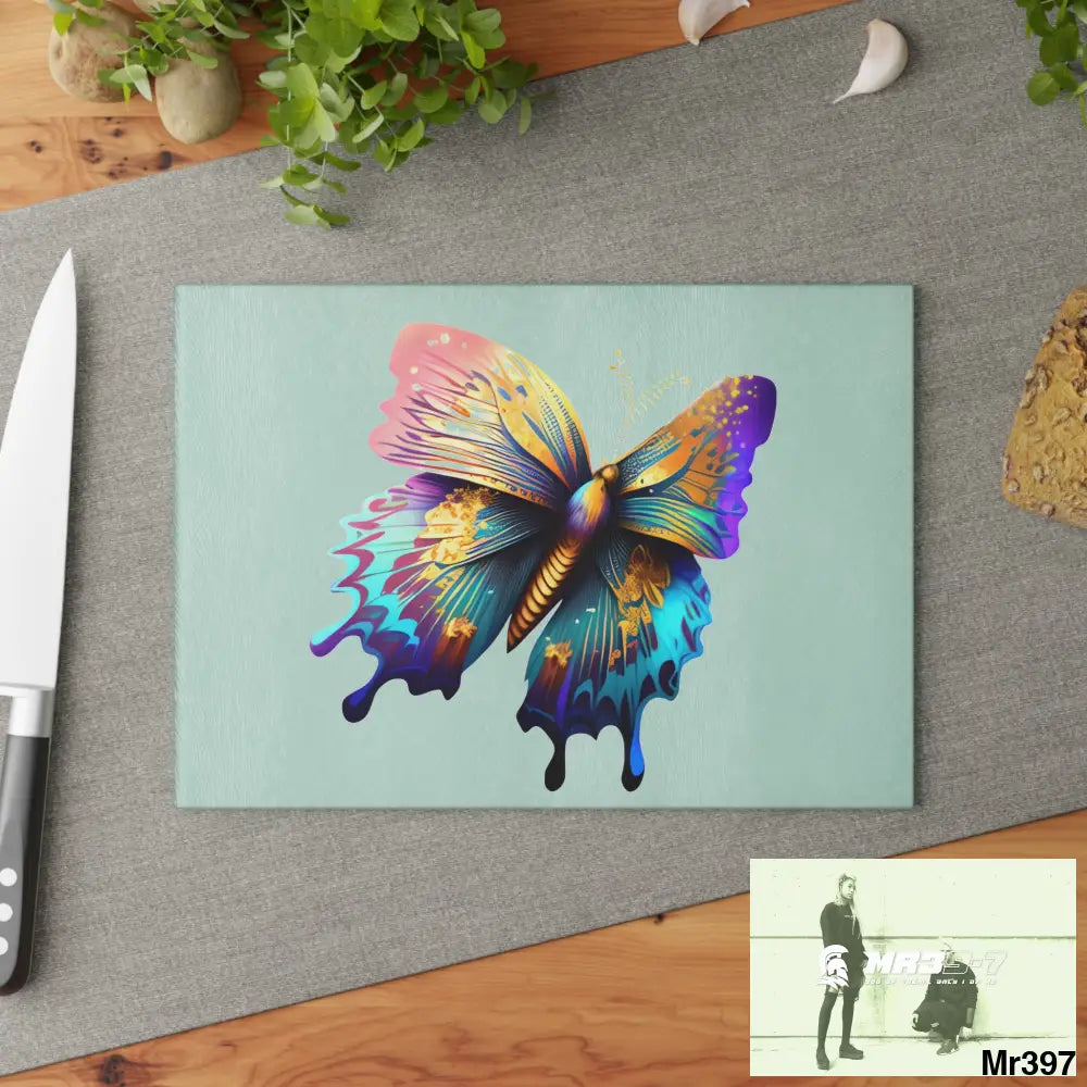 Colourful Butterfly with gold glitter Glass Cutting Board Home Decor