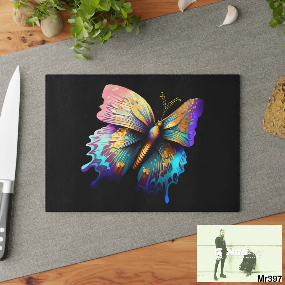 Colourful Butterfly with gold glitter Glass Cutting Board Home Decor