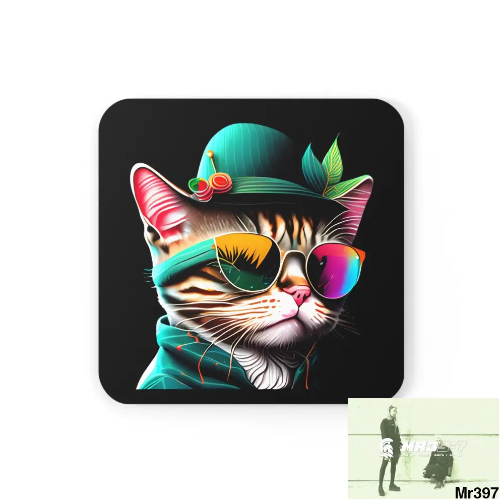 Colourful cool cat in shades Corkwood Coaster Set Cork / 3.75’’ × 3.75’’ / Square Home Decor