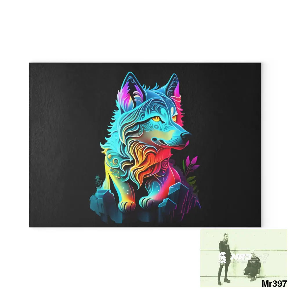 Colourful glowing Wolf Glass Cutting Board 8’’ x 11’’ / Rectangle Home Decor