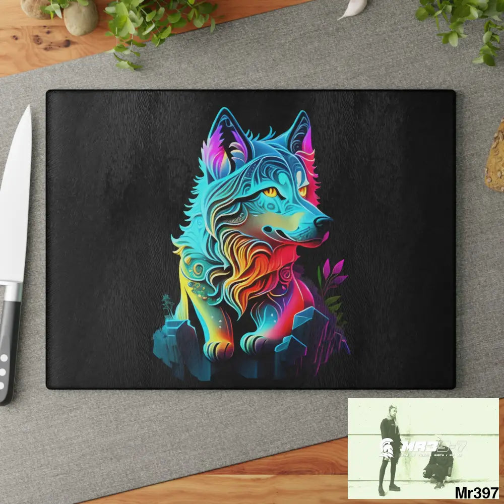 Colourful glowing Wolf Glass Cutting Board Home Decor