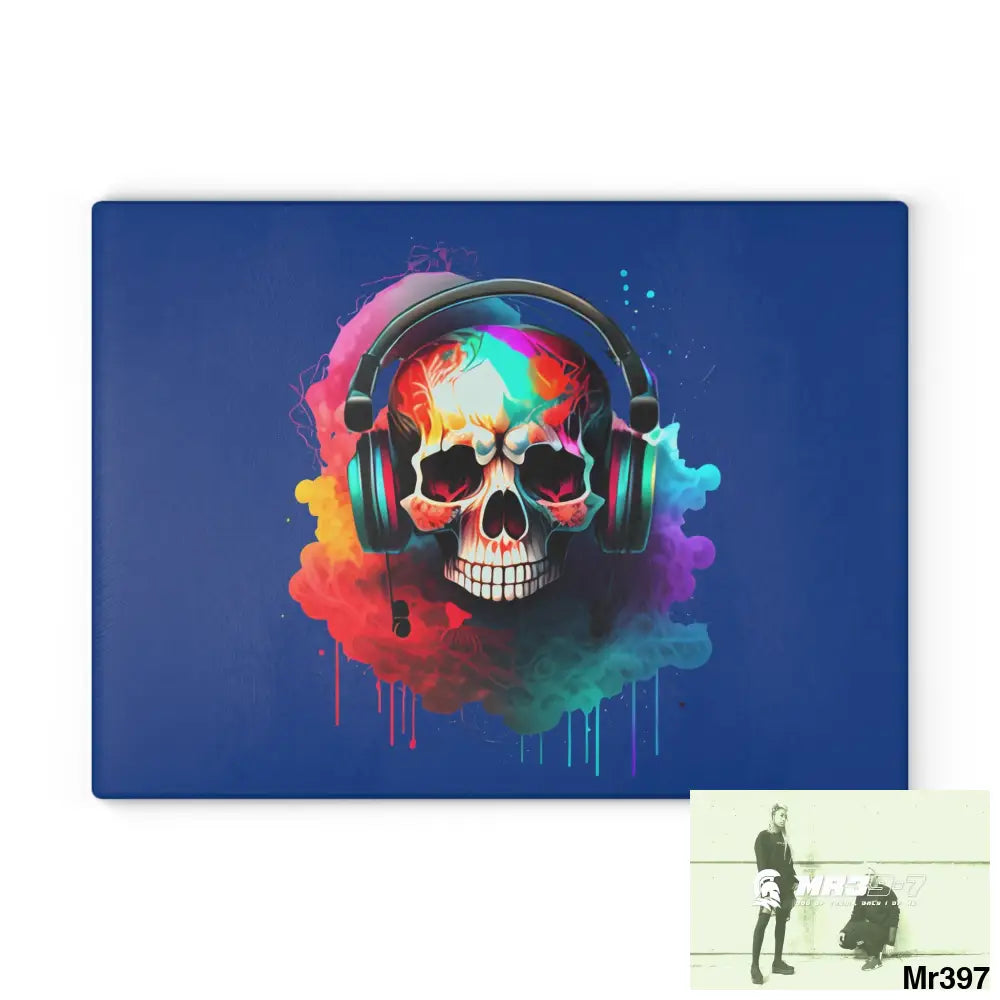 Colourful Skull Painted Headphones Glass Cutting Board 11’’ x 15’’ / Rectangle Home Decor