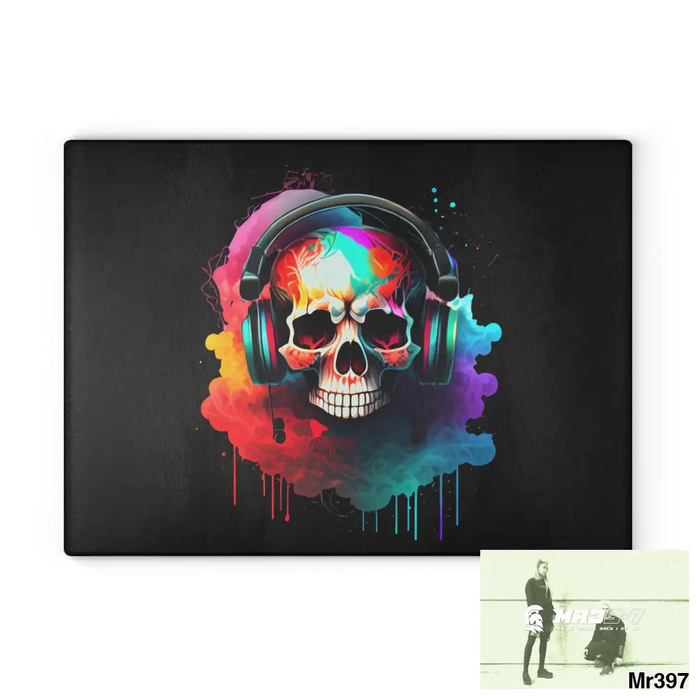 Colourful Skull Painted Headphones Glass Cutting Board 11’’ x 15’’ / Rectangle Home Decor