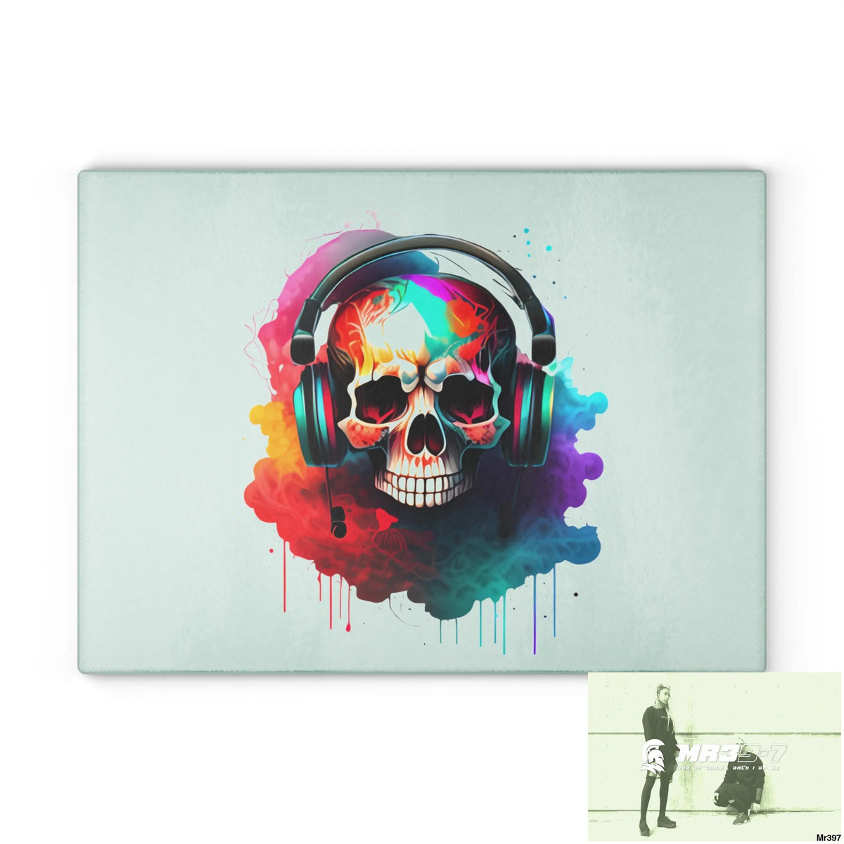 Colourful Skull Painted Headphones Glass Cutting Board 11’’ x 15’’ / Rectangle Home Decor