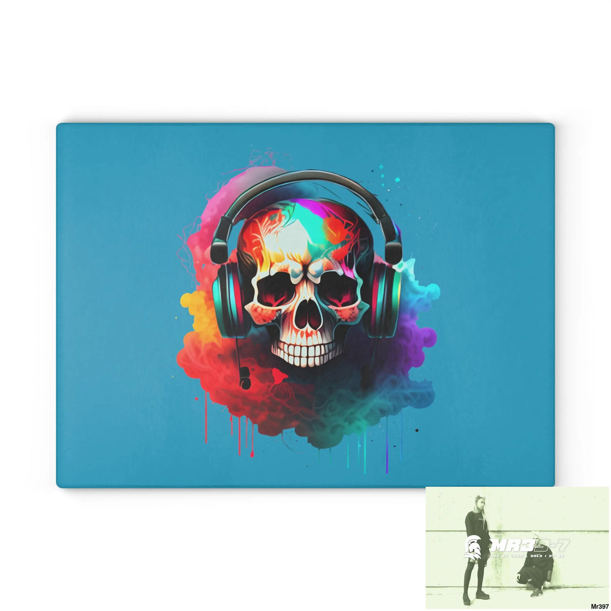 Colourful Skull Painted Headphones Glass Cutting Board 11’’ x 15’’ / Rectangle Home Decor