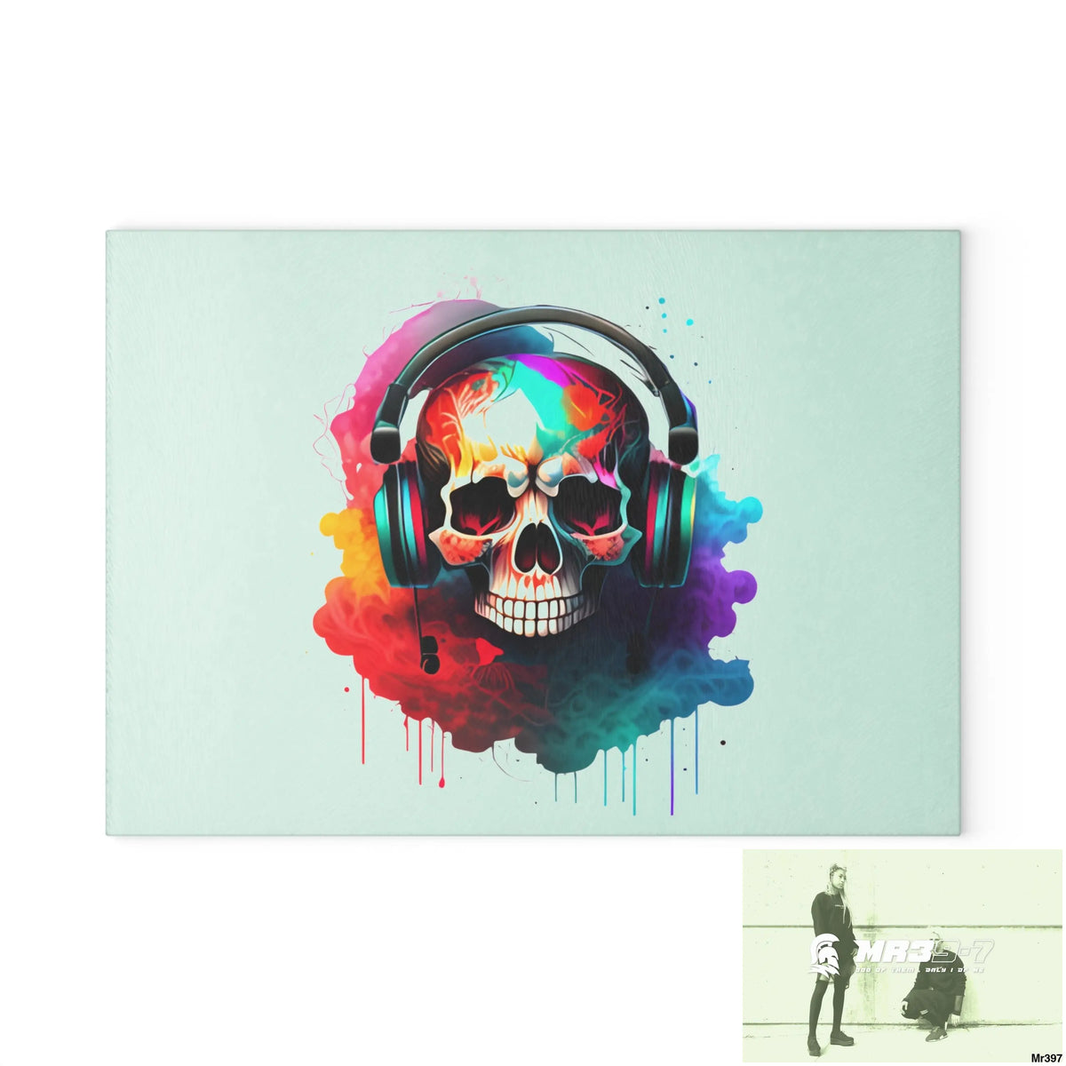 Colourful Skull Painted Headphones Glass Cutting Board 8’’ x 11’’ / Rectangle Home Decor