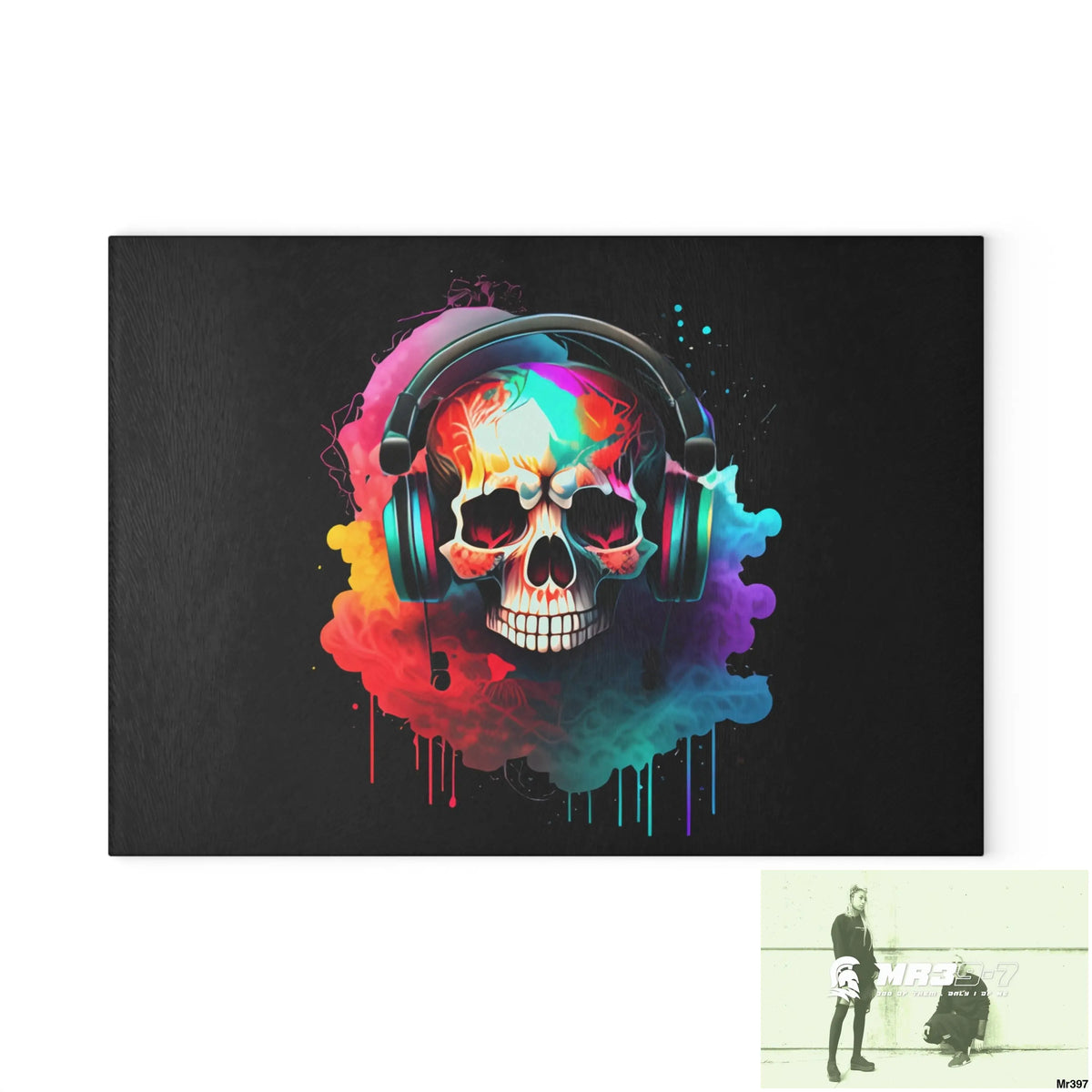 Colourful Skull Painted Headphones Glass Cutting Board 8’’ x 11’’ / Rectangle Home Decor