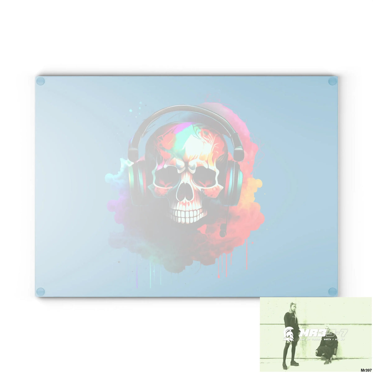 Colourful Skull Painted Headphones Glass Cutting Board Home Decor