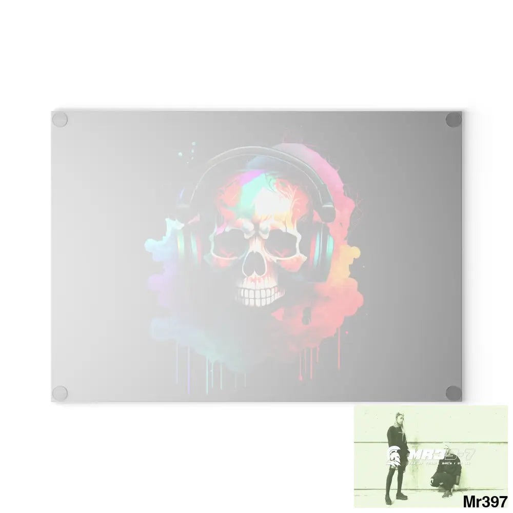 Colourful Skull Painted Headphones Glass Cutting Board Home Decor