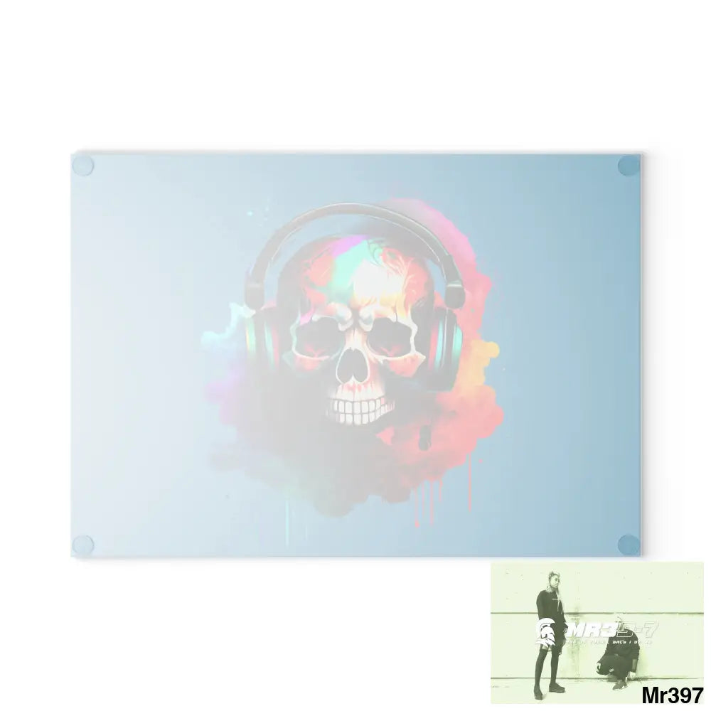 Colourful Skull Painted Headphones Glass Cutting Board Home Decor