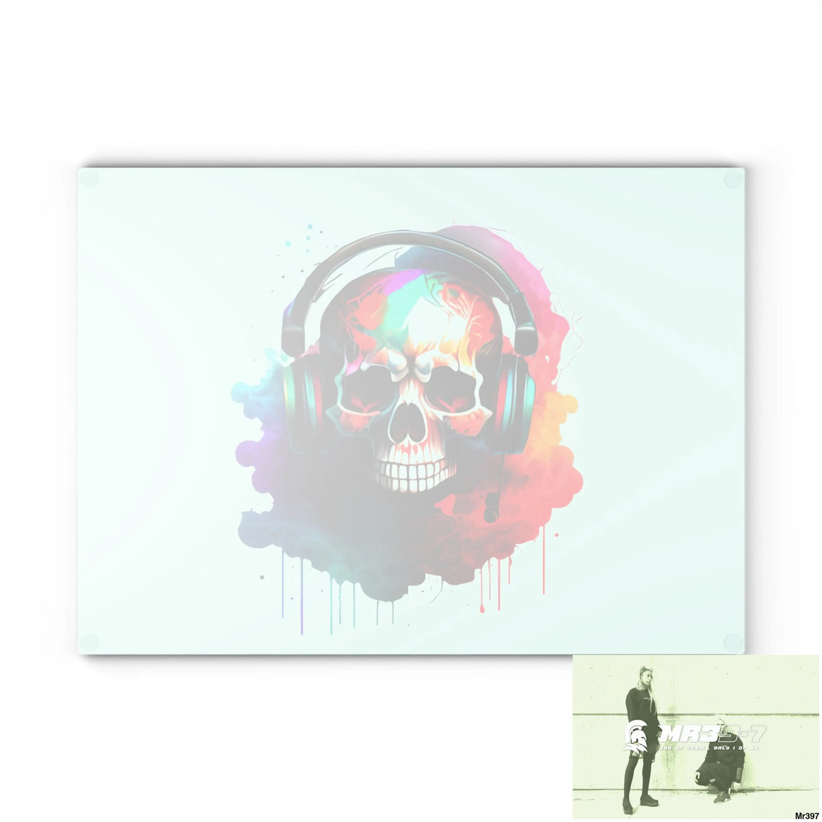 Colourful Skull Painted Headphones Glass Cutting Board Home Decor