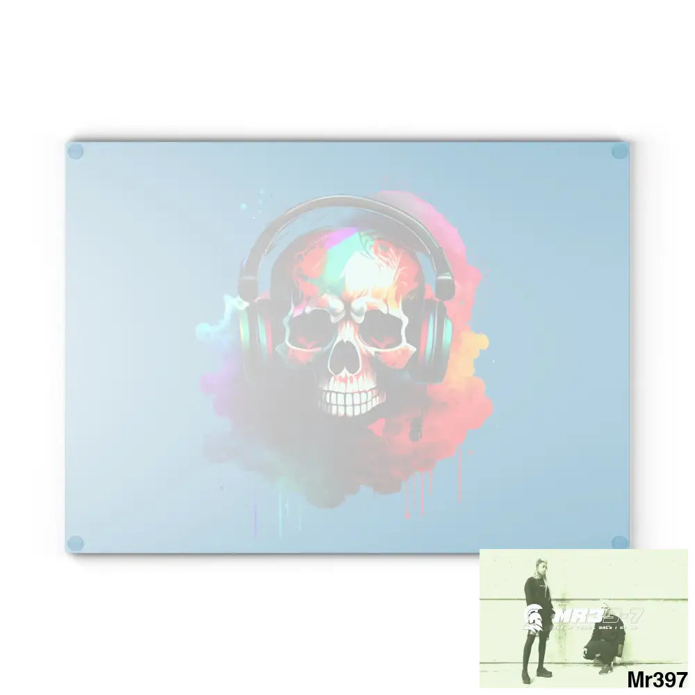 Colourful Skull Painted Headphones Glass Cutting Board Home Decor