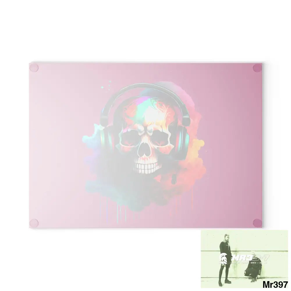 Colourful Skull Painted Headphones Glass Cutting Board Home Decor