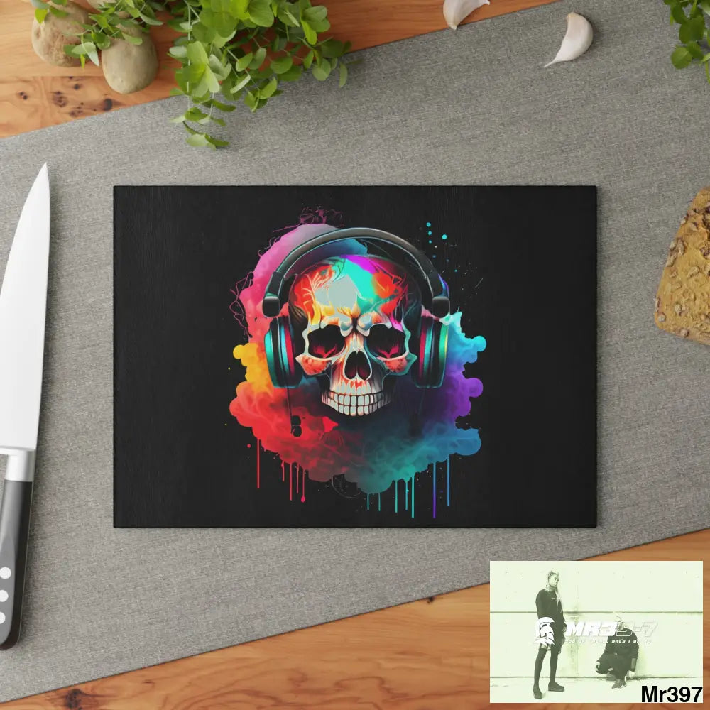 Colourful Skull Painted Headphones Glass Cutting Board Home Decor