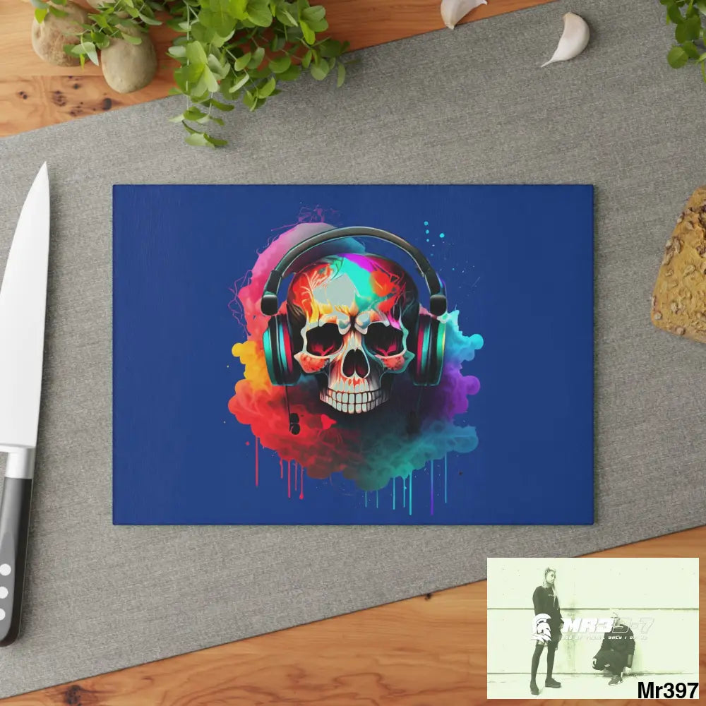 Colourful Skull Painted Headphones Glass Cutting Board Home Decor