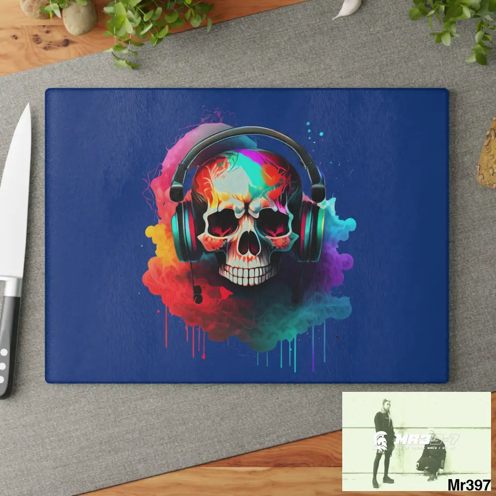 Colourful Skull Painted Headphones Glass Cutting Board Home Decor
