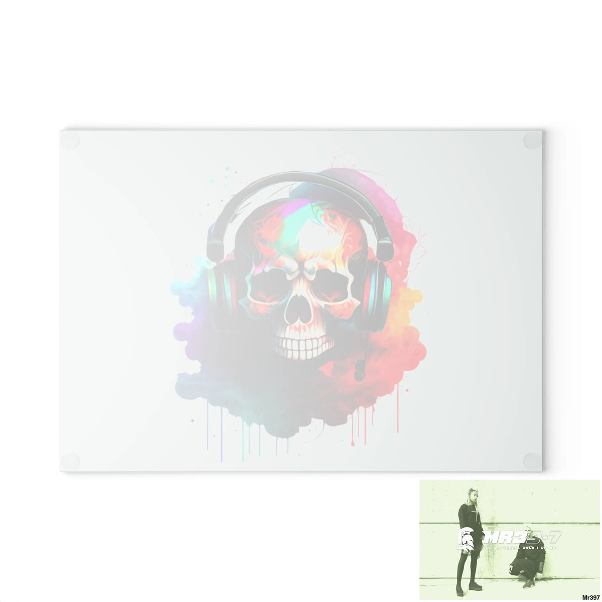 Colourful Skull Painted Headphones Glass Cutting Board Home Decor