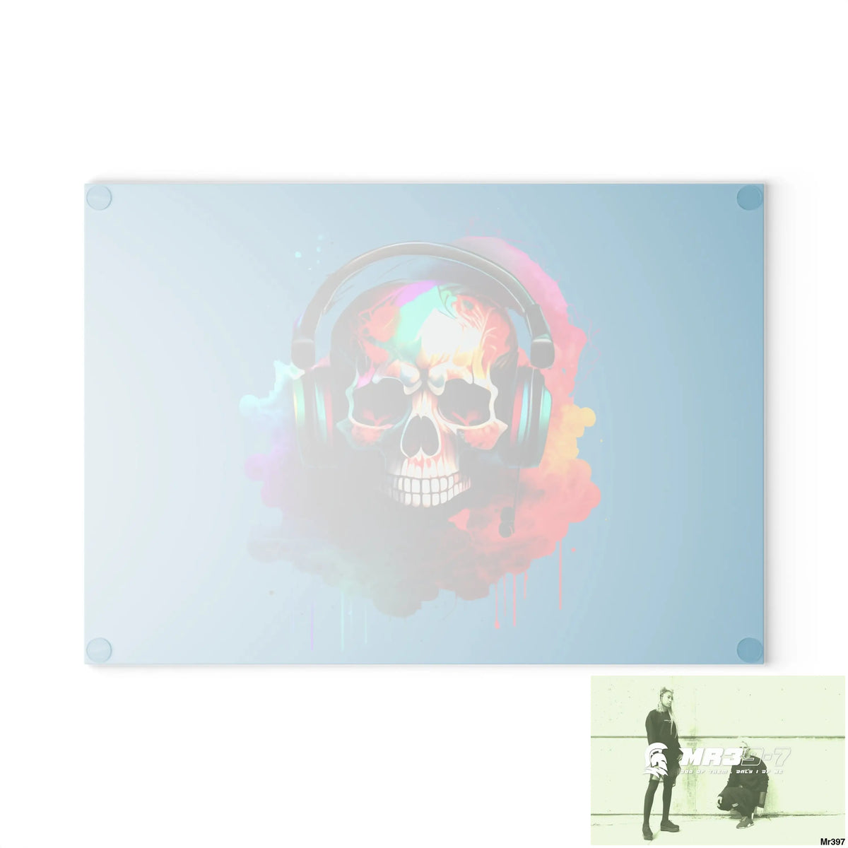 Colourful Skull Painted Headphones Glass Cutting Board Home Decor
