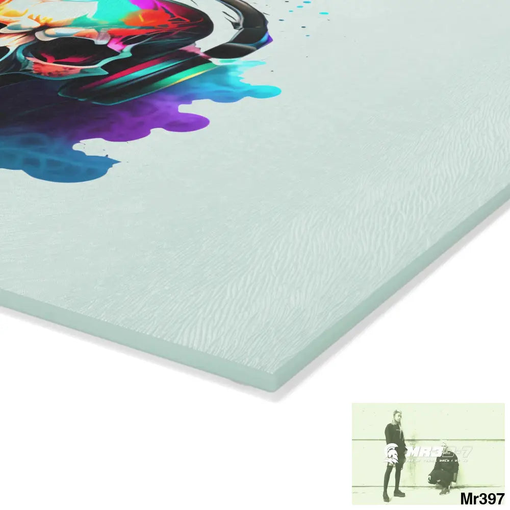 Colourful Skull Painted Headphones Glass Cutting Board Home Decor