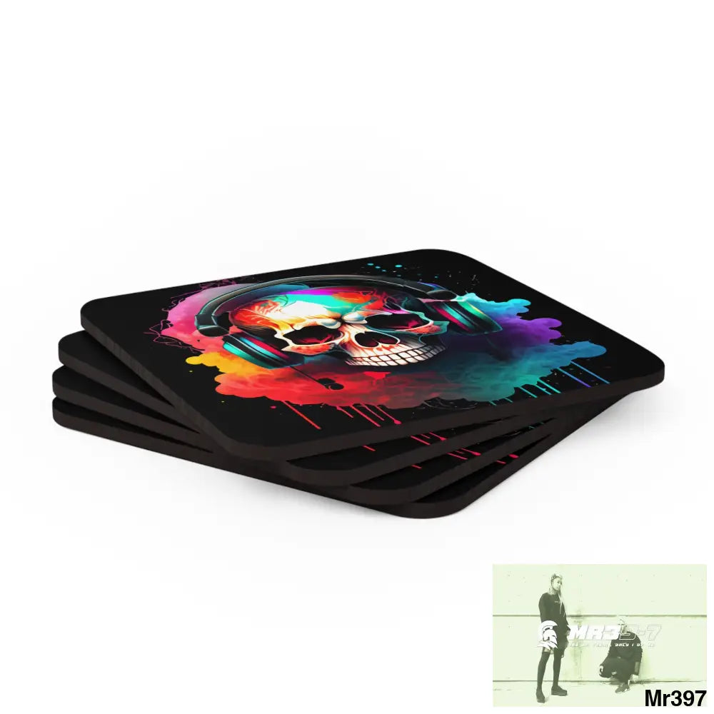 Colourful Skull with Headphones Coaster Set Cork / 3.75’’ × 3.75’’ / Square Home Decor