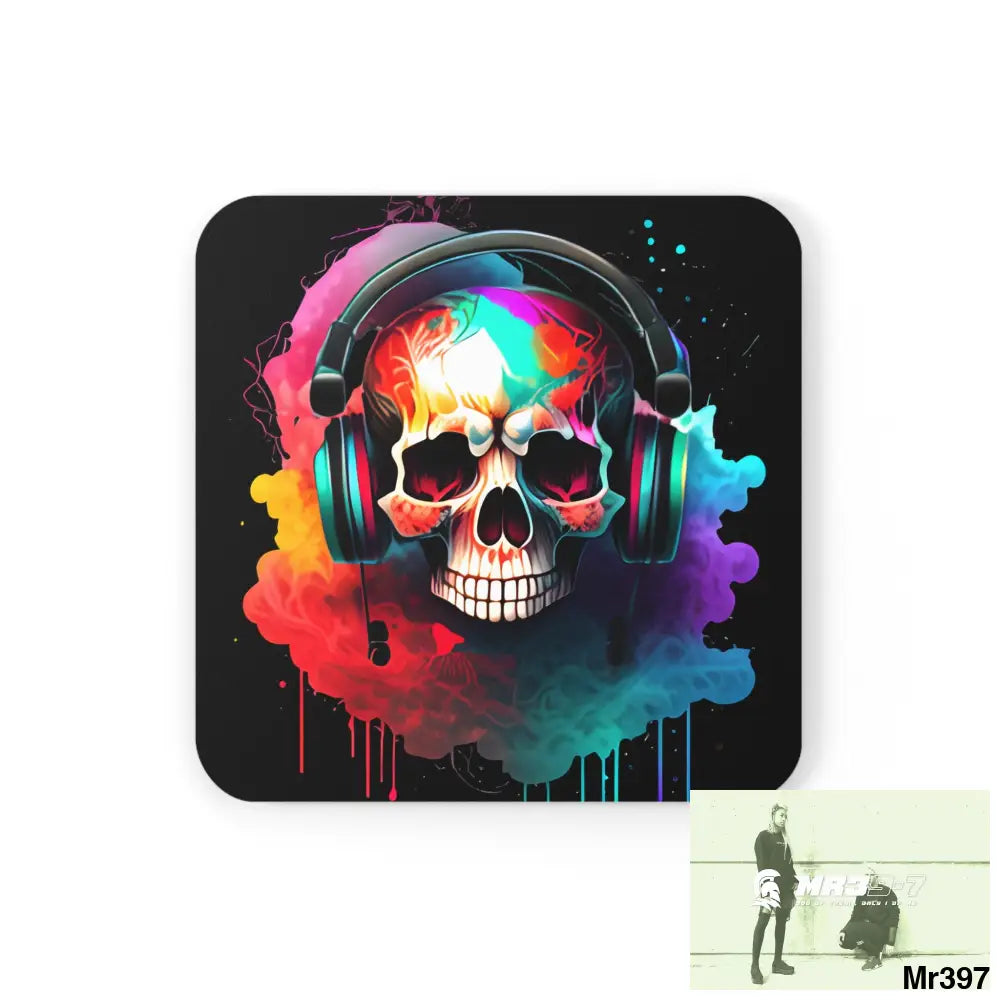 Colourful Skull with Headphones Coaster Set Cork / 3.75’’ × 3.75’’ / Square Home Decor