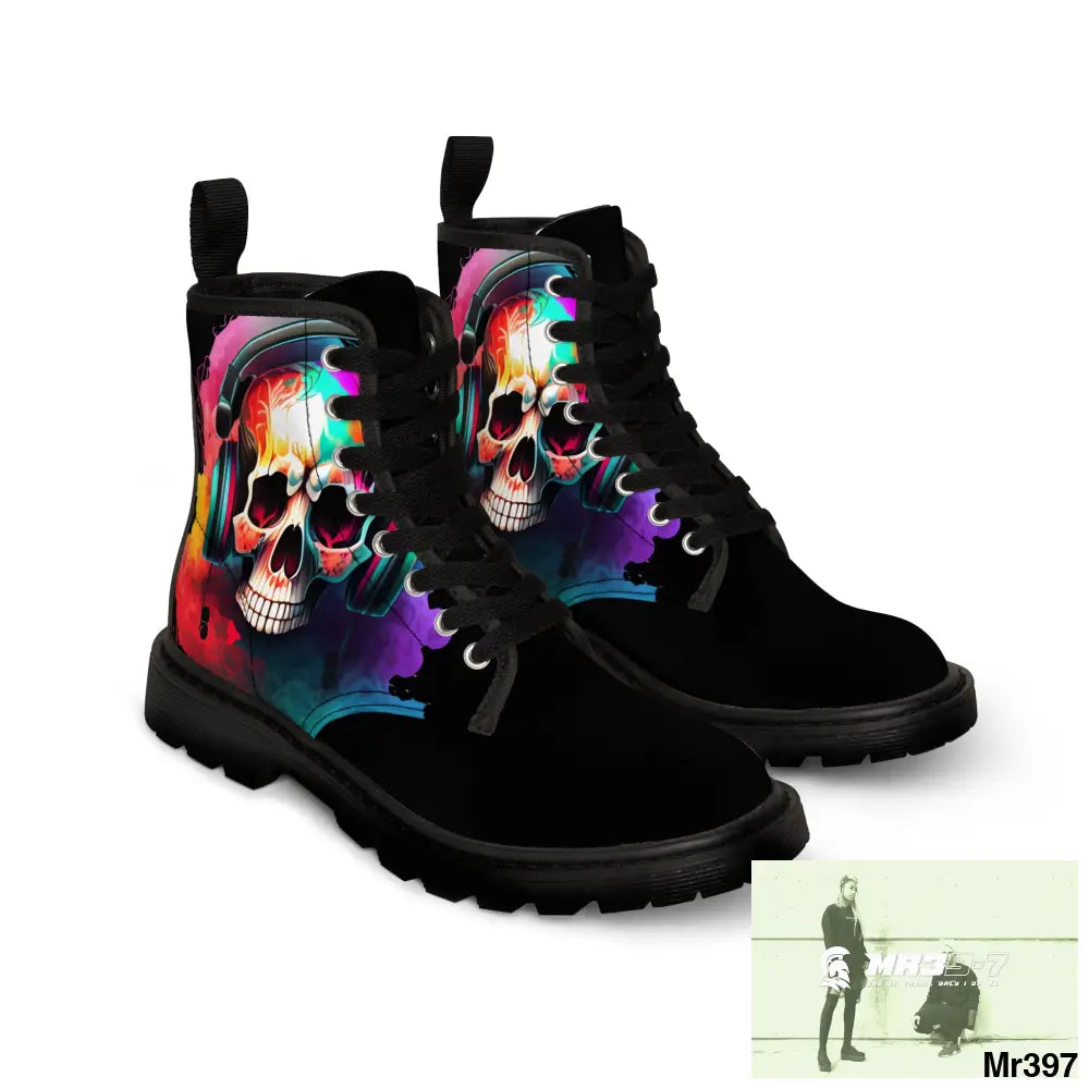 Colourful Skull with headphones Women’s Canvas Boots Shoes