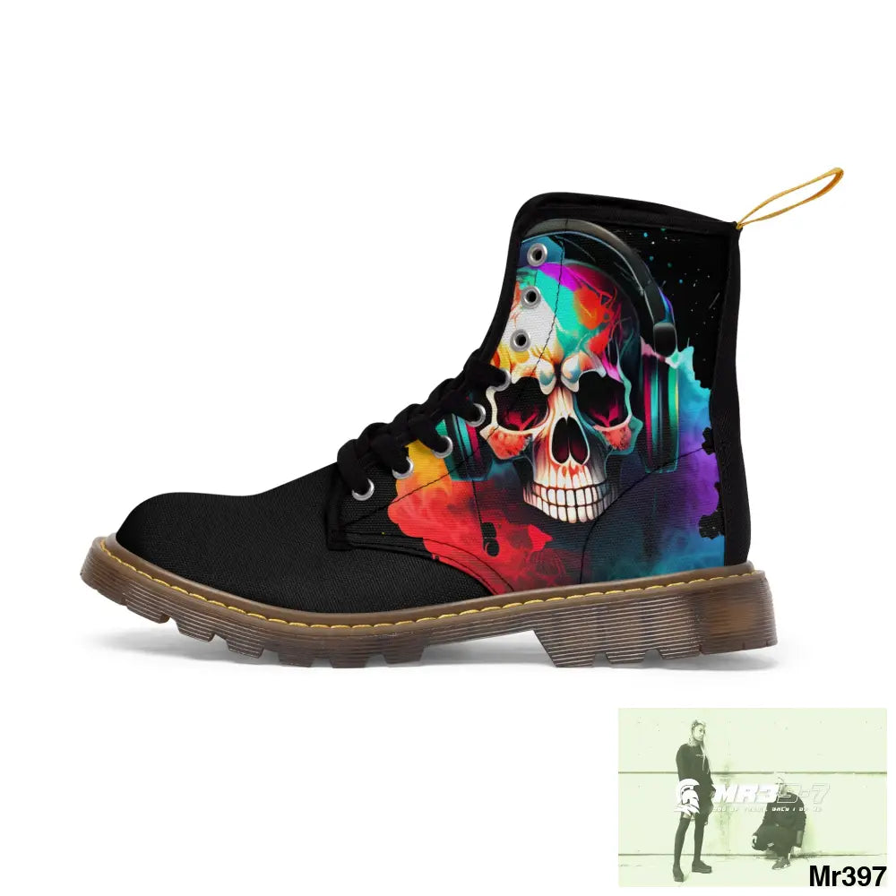Colourful Skull with headphones Women’s Canvas Boots Shoes
