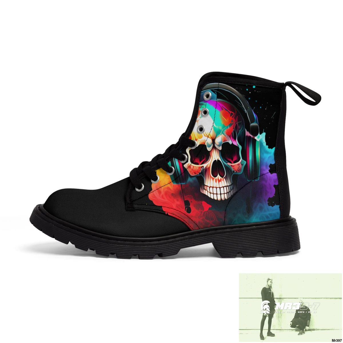 Colourful Skull with headphones Women’s Canvas Boots Shoes