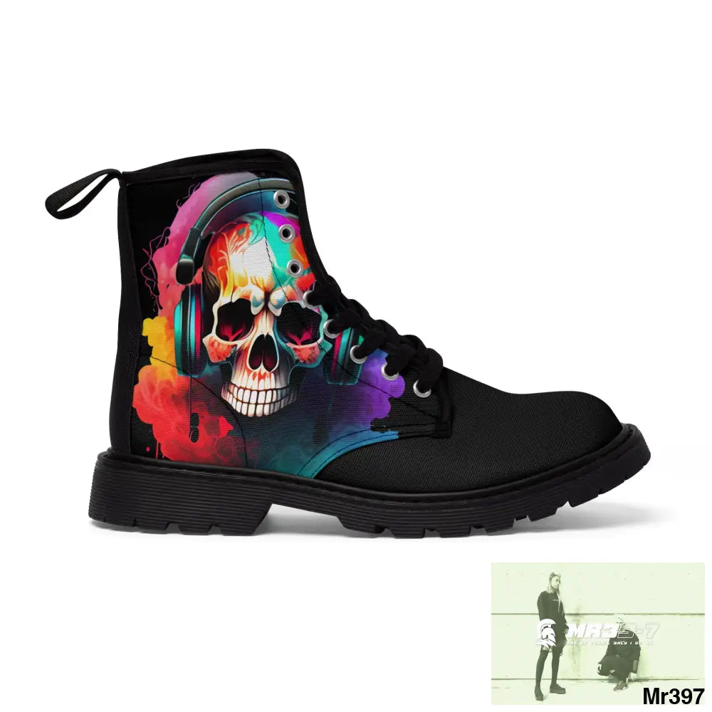 Colourful Skull with headphones Women’s Canvas Boots Shoes