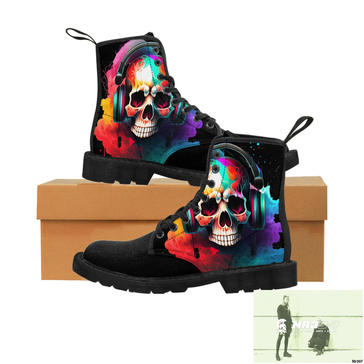 Colourful Skull with headphones Women’s Canvas Boots US 6.5 / Black sole Shoes