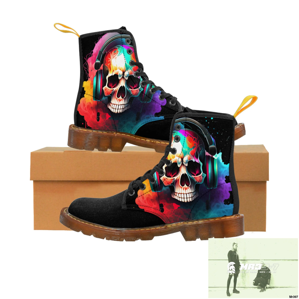 Colourful Skull with headphones Women’s Canvas Boots US 6.5 / Brown sole Shoes