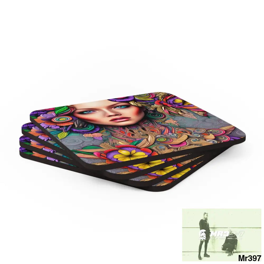 Colourful woman Corkwood Coaster Set Cork / 3.75’’ × 3.75’’ / Square Home Decor