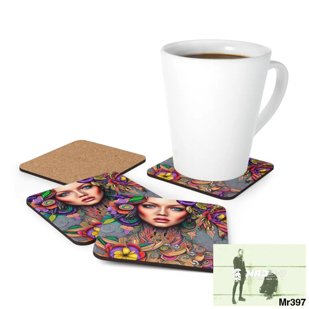 Colourful woman Corkwood Coaster Set Cork / 3.75’’ × 3.75’’ / Square Home Decor