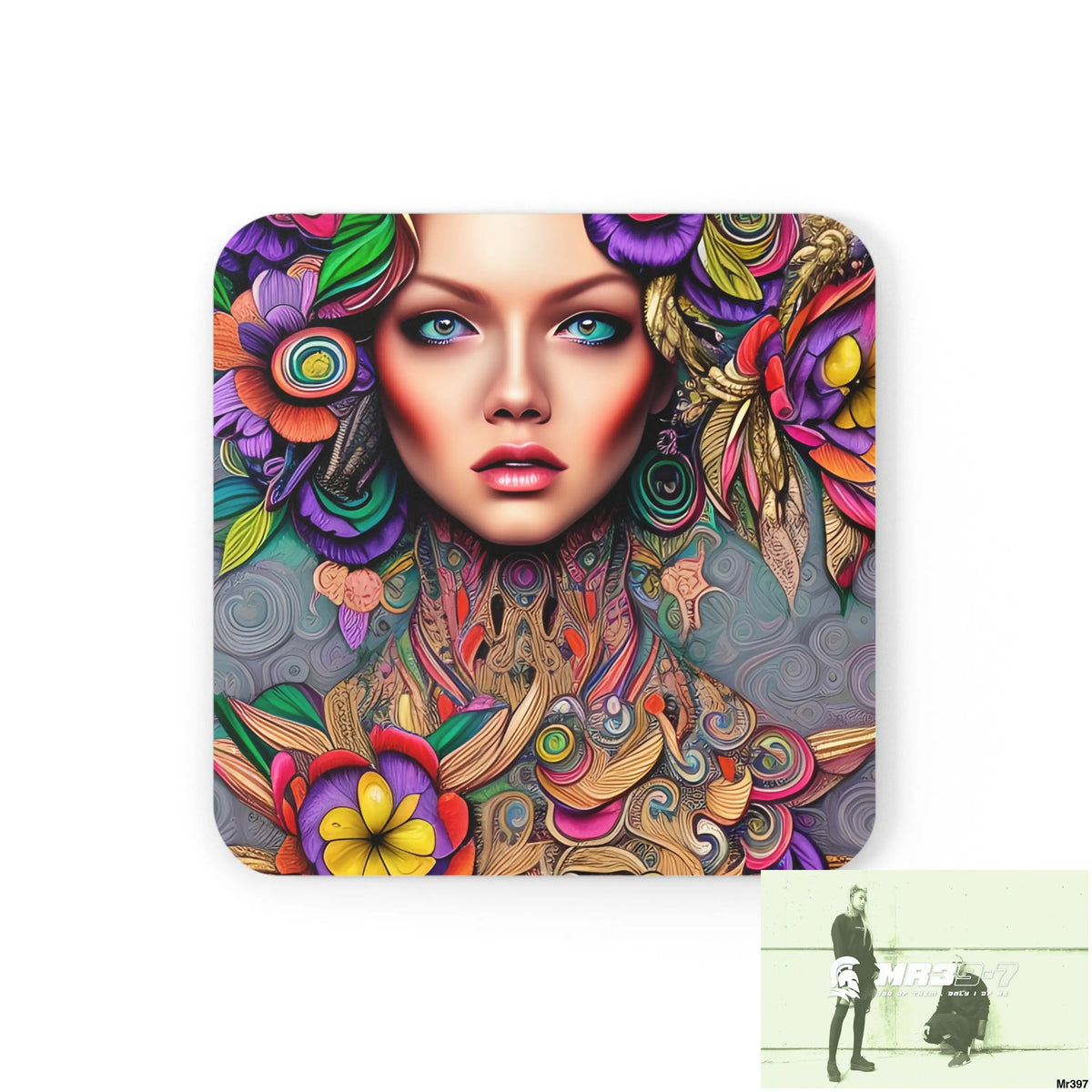 Colourful woman Corkwood Coaster Set Cork / 3.75’’ × 3.75’’ / Square Home Decor