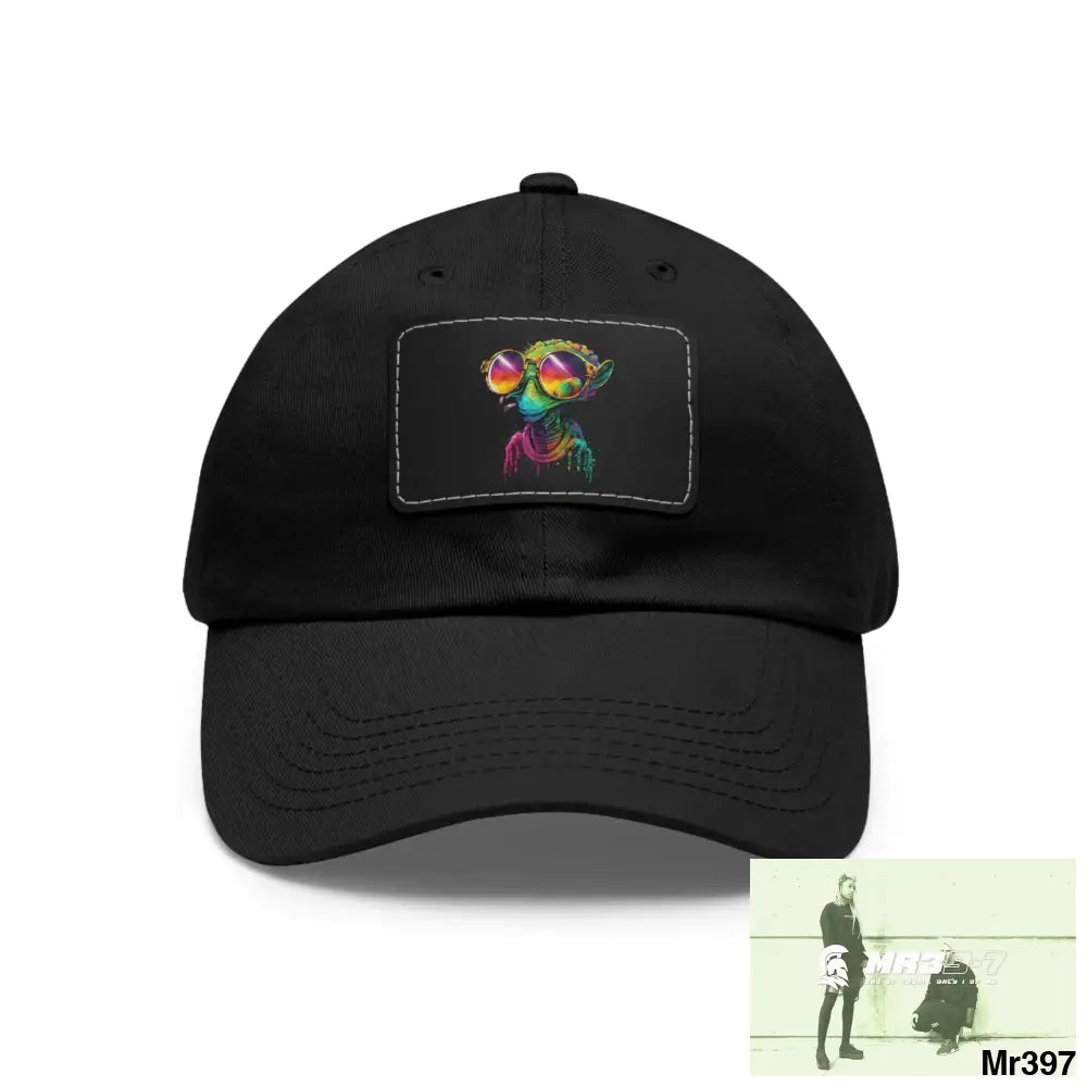 Cool Alien in shades Dad Hat with Leather Patch (Rectangle) Black / Black patch / Rectangle / One size Hats