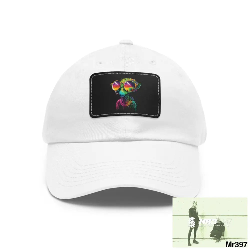 Cool Alien in shades Dad Hat with Leather Patch (Rectangle) White / Black patch / Rectangle / One size Hats