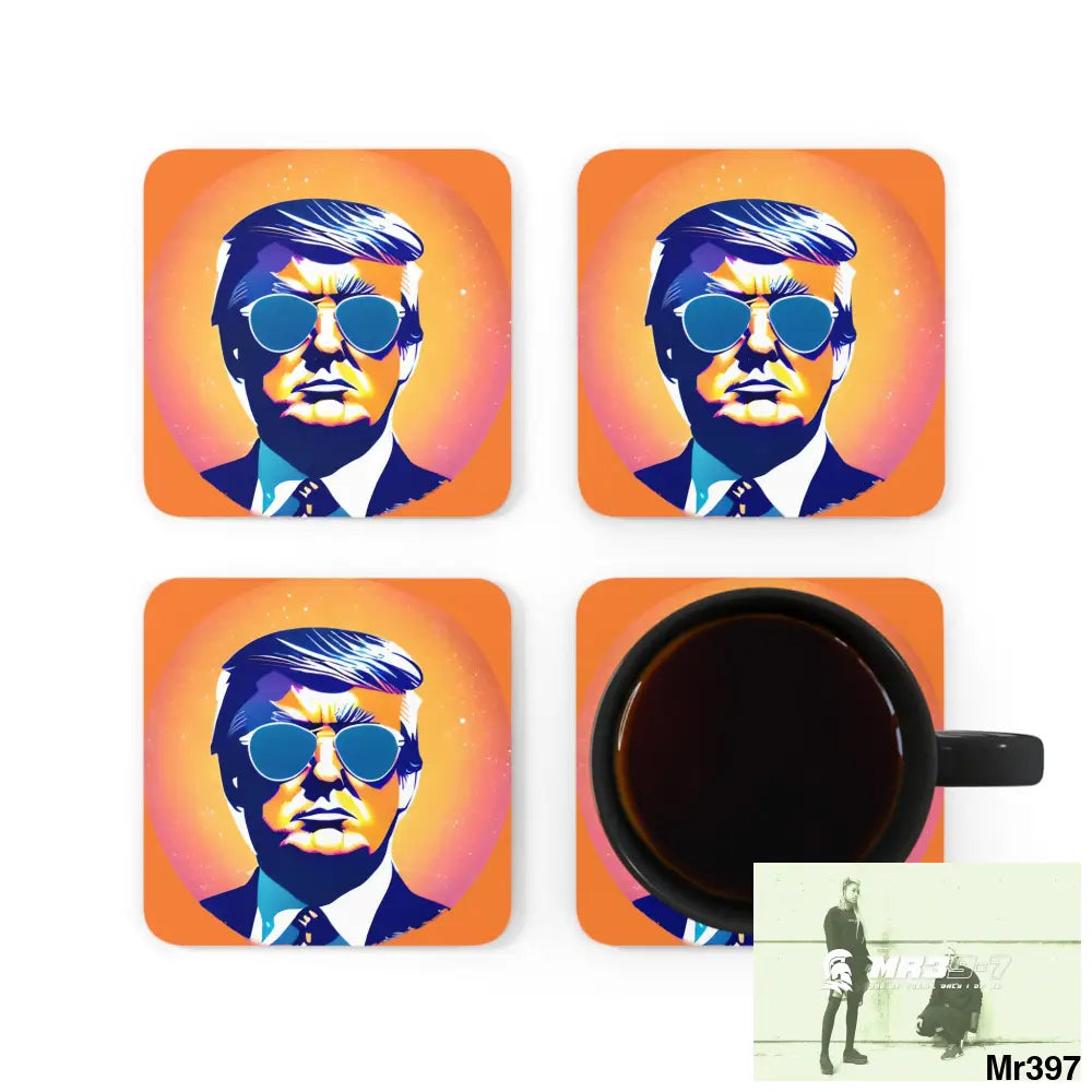 Cool Donald Trump in Shades Coaster Set Cork / 3.75’’ × 3.75’’ / Square Home Decor