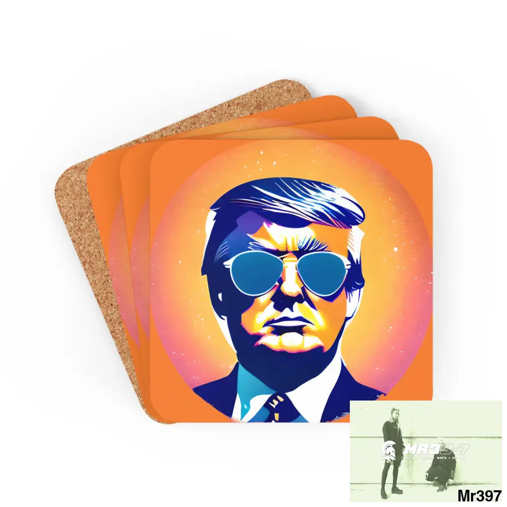 Cool Donald Trump in Shades Coaster Set Cork / 3.75’’ × 3.75’’ / Square Home Decor