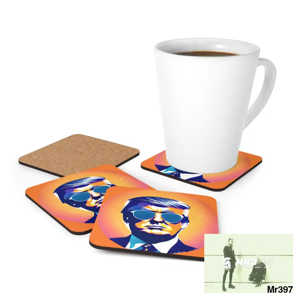 Cool Donald Trump in Shades Coaster Set Cork / 3.75’’ × 3.75’’ / Square Home Decor