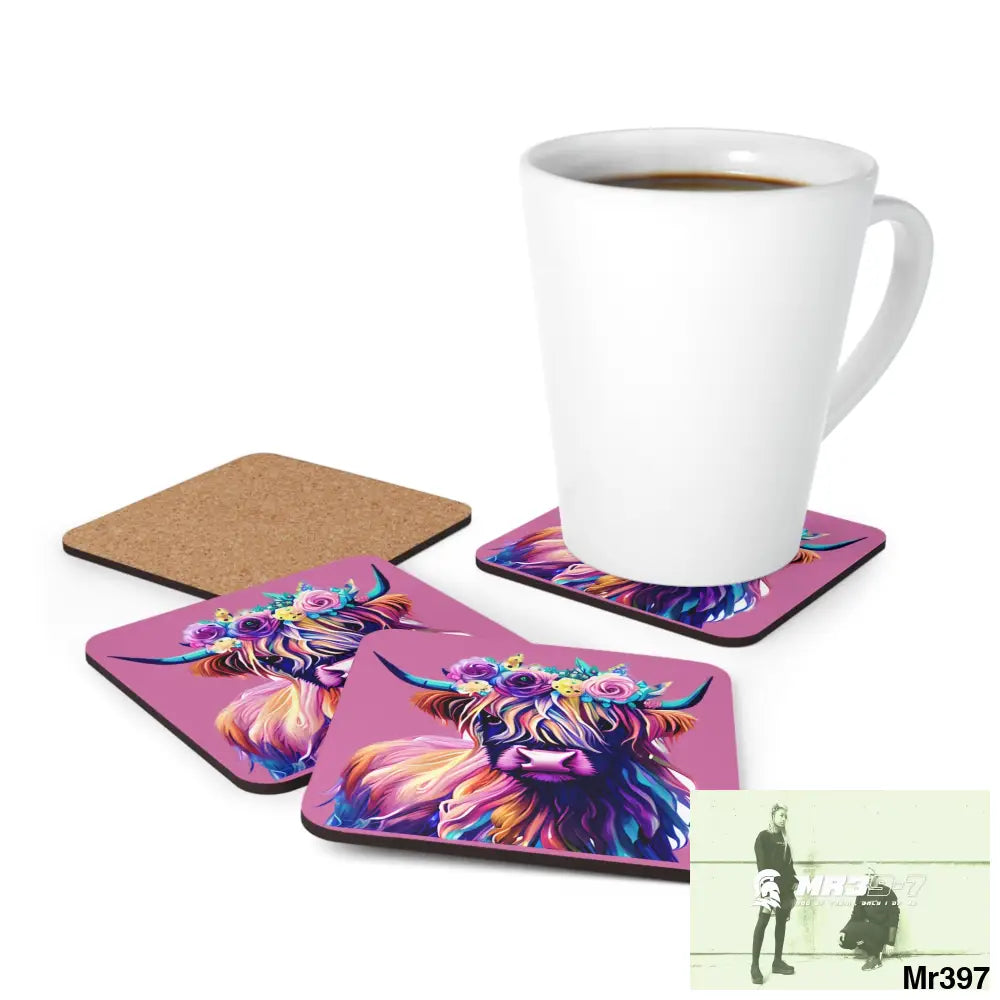 Copy of Baby Highland Cow with a Flower crown Corkwood Coaster Set Cork / 3.75’’ × 3.75’’ / Square Home Decor