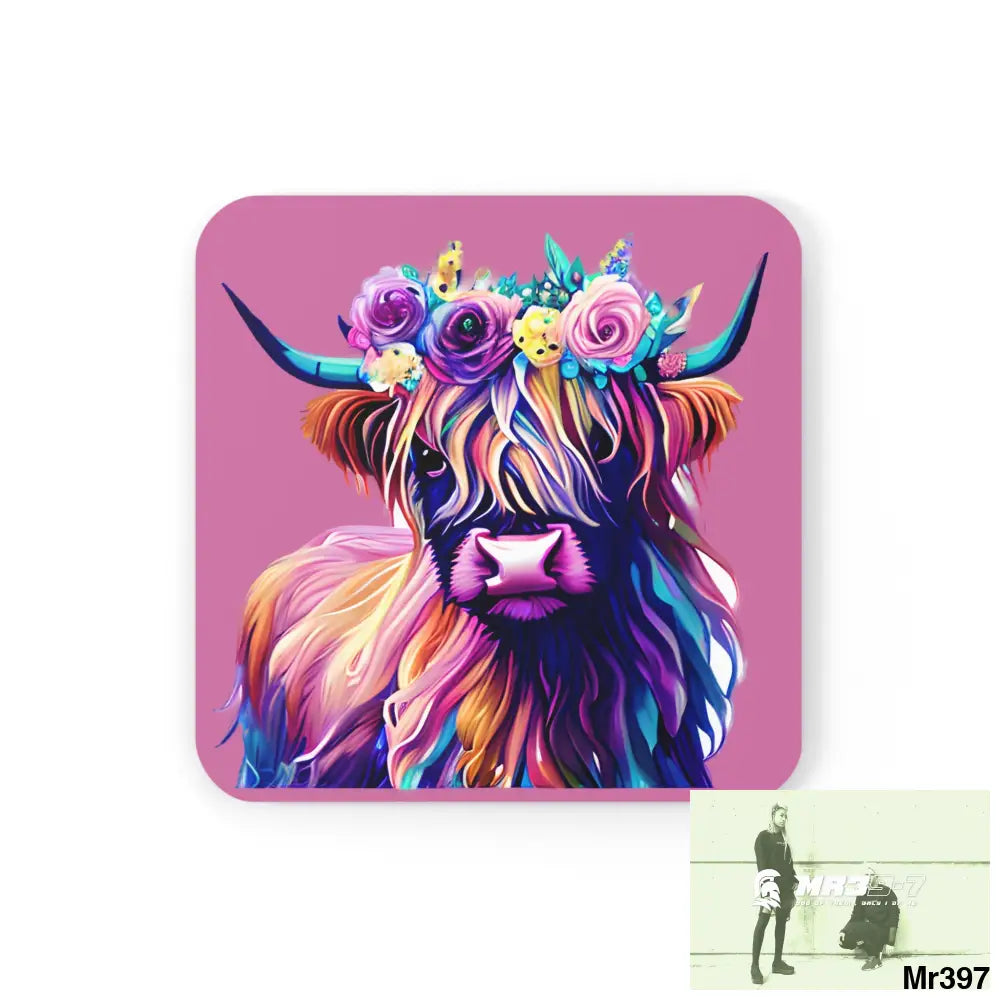 Copy of Baby Highland Cow with a Flower crown Corkwood Coaster Set Cork / 3.75’’ × 3.75’’ / Square Home Decor
