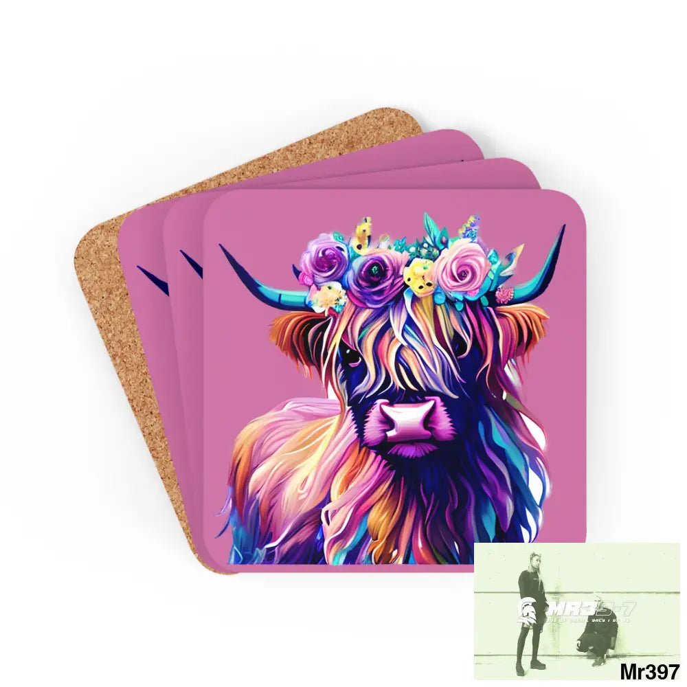 Copy of Baby Highland Cow with a Flower crown Corkwood Coaster Set Cork / 3.75’’ × 3.75’’ / Square Home Decor