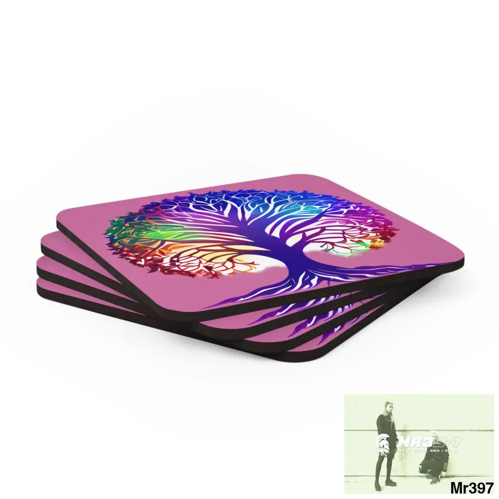 Copy of Multi coloured tree of life Corkwood Coaster Set Cork / 3.75’’ × 3.75’’ / Square Home Decor