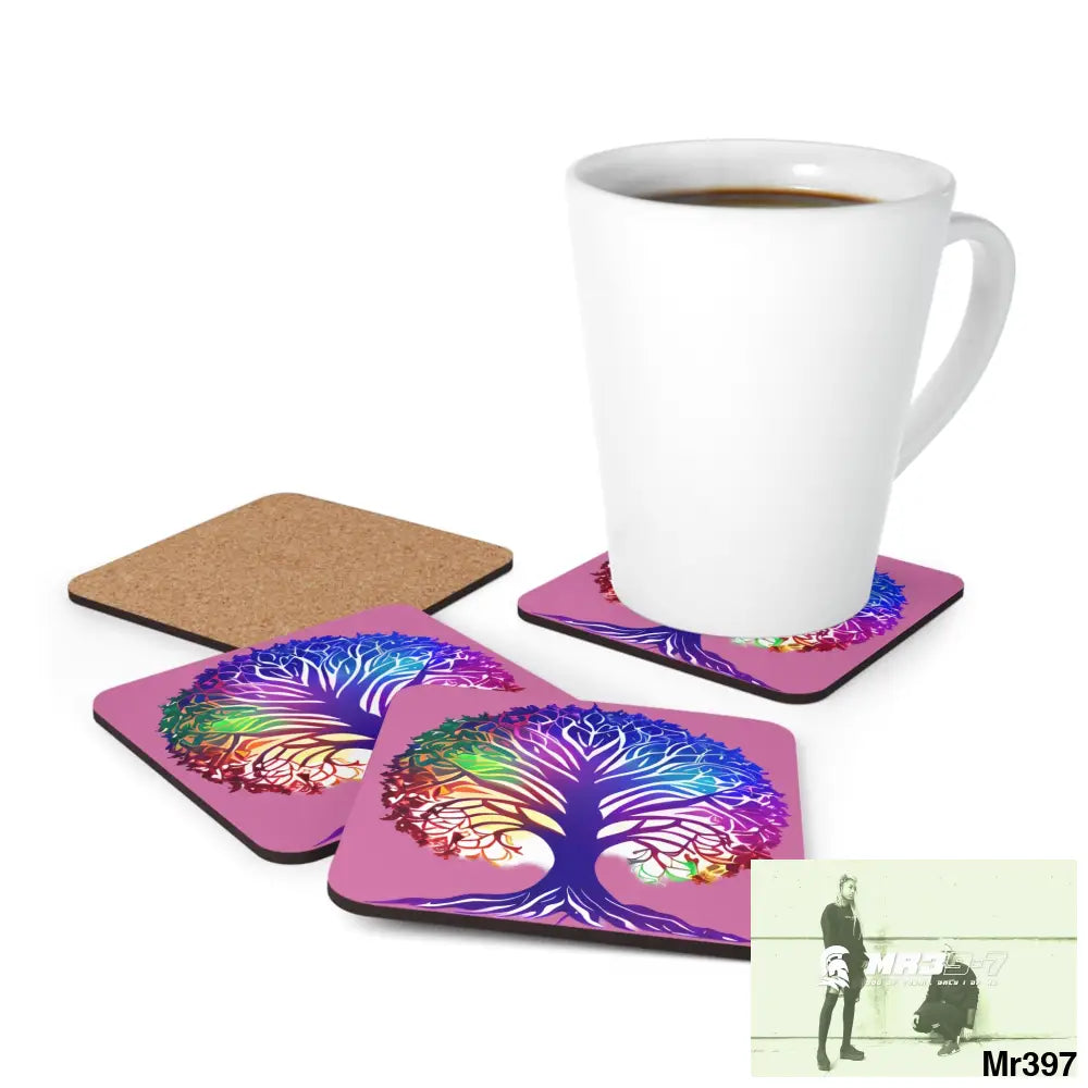 Copy of Multi coloured tree of life Corkwood Coaster Set Cork / 3.75’’ × 3.75’’ / Square Home Decor