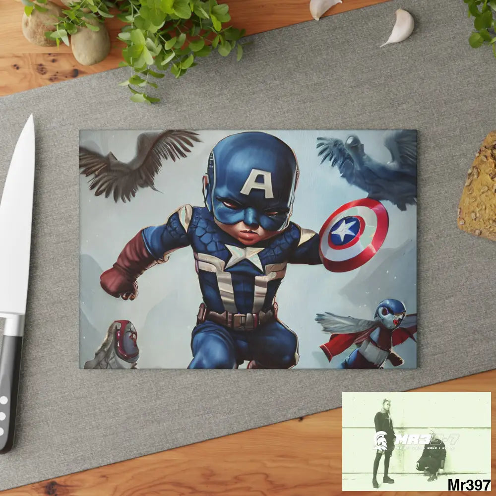 Cute Adorable Super Hero Baby Captain America Symmetrical Hyper Realistic Cutting Board Home Decor