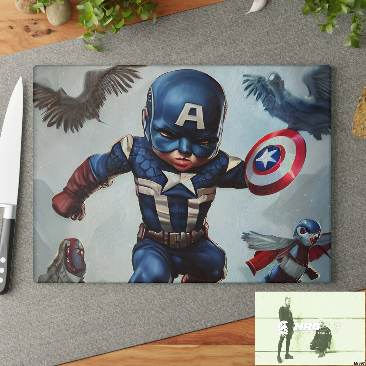 Cute Adorable Super Hero Baby Captain America Symmetrical Hyper Realistic Cutting Board Home Decor