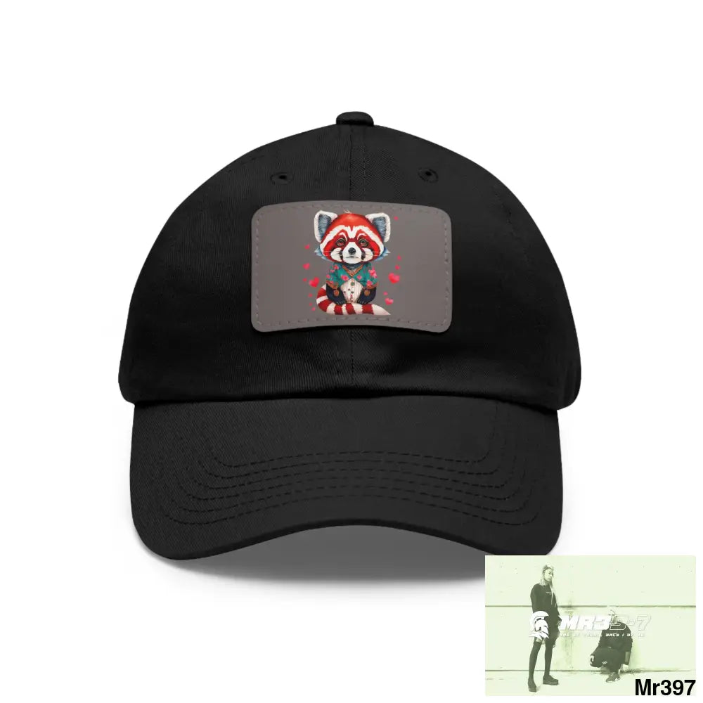 Cute Red Panda with Love hearts Dad Hat with Leather Patch (Rectangle) Black / Grey patch / Rectangle / One size Hats